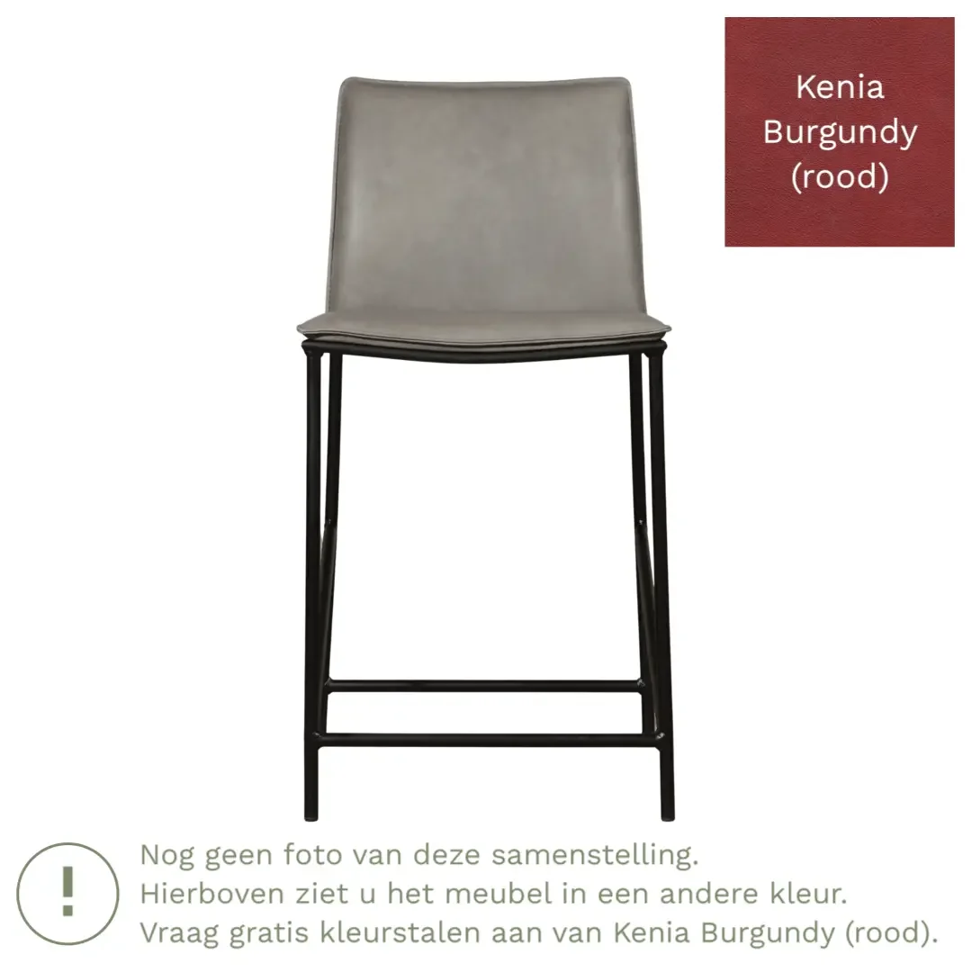 afbeelding van Leren barkruk laag Favor - Kenia Burgundy (rood) - poten staal rond zwart